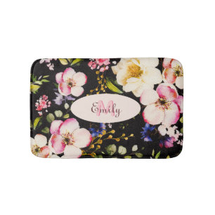 Watercolor Pink Yellow Roses on black, Monogram Bath Mat
