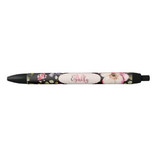 Watercolor Pink Yellow Roses on black, Monogram Black Ink Pen