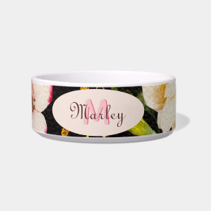 Watercolor Pink Yellow Roses on black, Monogram Bowl