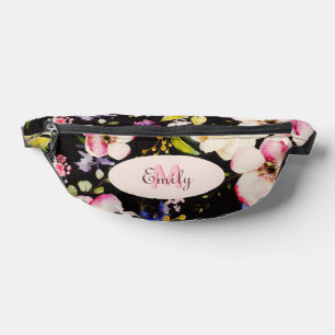 Watercolor Pink Yellow Roses on black, Monogram Bum Bags