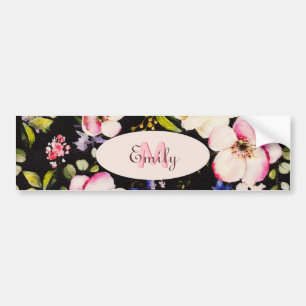 Watercolor Pink Yellow Roses on black, Monogram Bumper Sticker