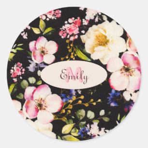Watercolor Pink Yellow Roses on black, Monogram Classic Round Sticker