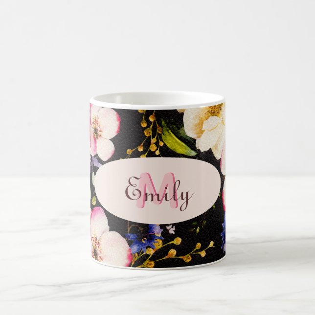 Watercolor Pink Yellow Roses on black, Monogram Coffee Mug (Center)