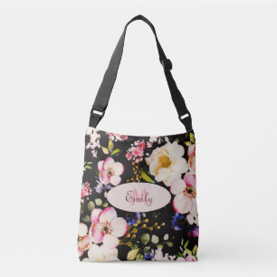 Watercolor Pink Yellow Roses on black, Monogram Crossbody Bag