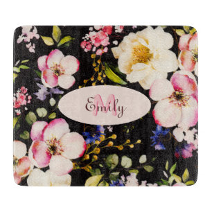 Watercolor Pink Yellow Roses on black, Monogram Cutting Board