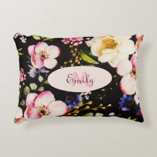 Watercolor Pink Yellow Roses on black, Monogram Decorative Cushion