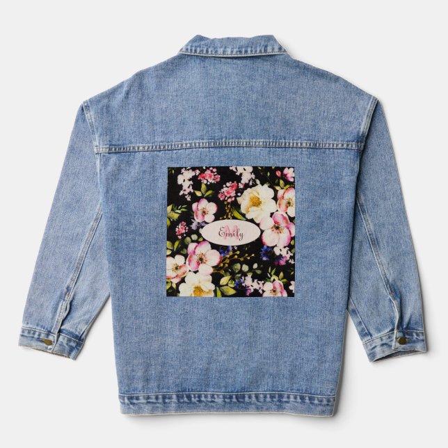 Watercolor Pink Yellow Roses on black, Monogram Denim Jacket (Back)