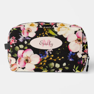 Watercolor Pink Yellow Roses on black, Monogram Dopp Kit