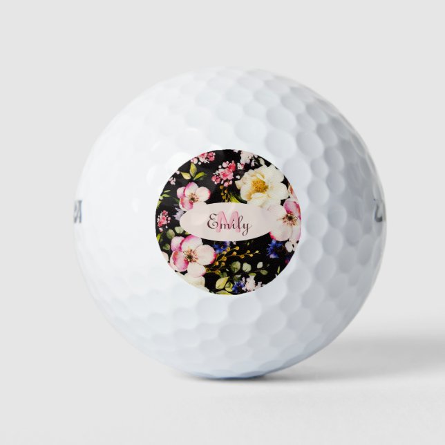 Watercolor Pink Yellow Roses on black, Monogram Golf Balls (Front)