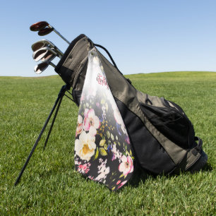 Watercolor Pink Yellow Roses on black, Monogram Golf Towel