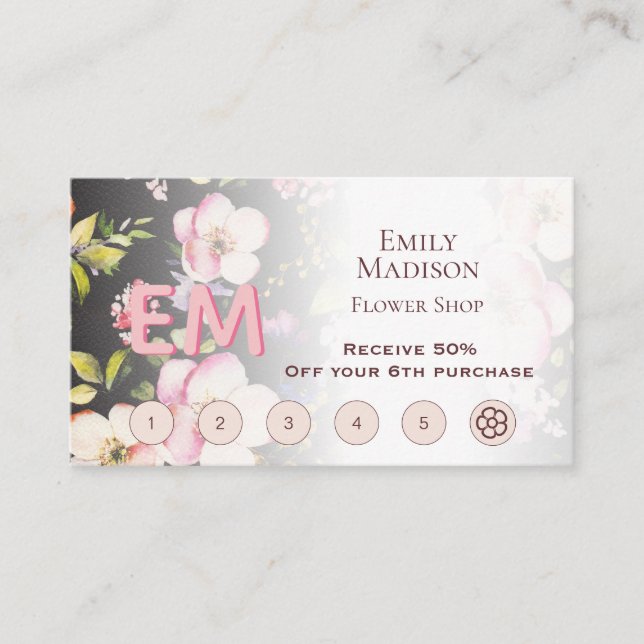 Watercolor Pink Yellow Roses on black, Monogram Loyalty Card (Front)