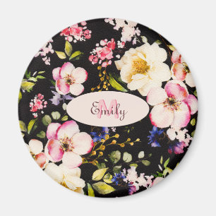 Watercolor Pink Yellow Roses on black, Monogram Magnet