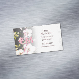 Watercolor Pink Yellow Roses on black, Monogram Magnetic Business Card