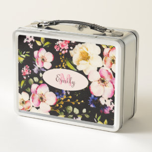 Watercolor Pink Yellow Roses on black, Monogram Metal Lunch Box