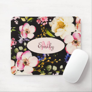 Watercolor Pink Yellow Roses on black, Monogram Mo Mouse Mat