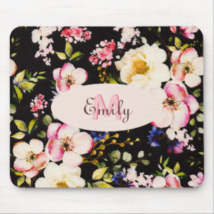 Watercolor Pink Yellow Roses on black, Monogram Mouse Mat