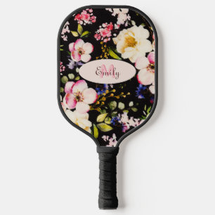 Watercolor Pink Yellow Roses on black, Monogram Pickleball Paddle