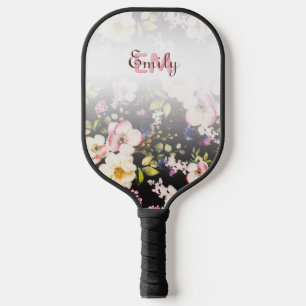 Watercolor Pink Yellow Roses on black, Monogram Pickleball Paddle