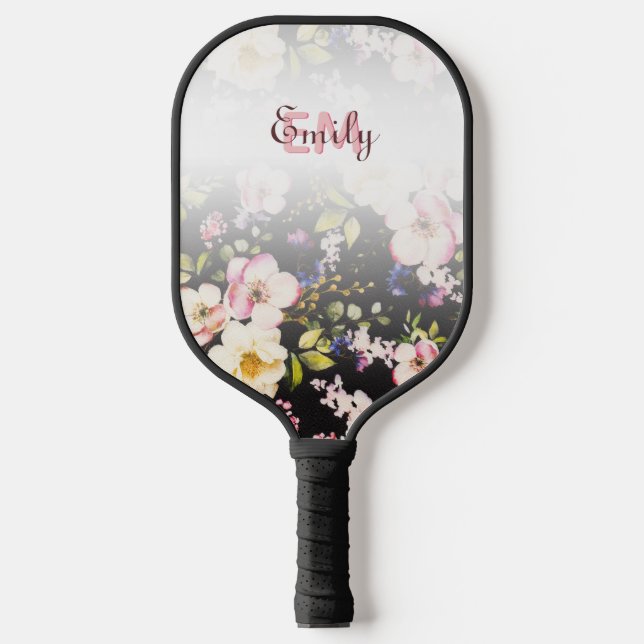Watercolor Pink Yellow Roses on black, Monogram Pickleball Paddle (Front)