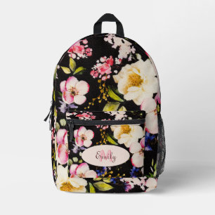 Watercolor Pink Yellow Roses on black, Monogram Printed Backpack