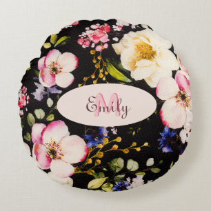 Watercolor Pink Yellow Roses on black, Monogram Round Cushion