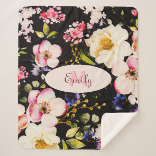 Watercolor Pink Yellow Roses on black, Monogram Sherpa Blanket