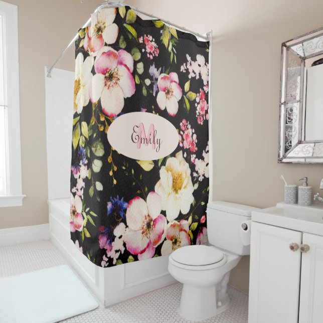 Watercolor Pink Yellow Roses on black, Monogram Shower Curtain (In Situ)