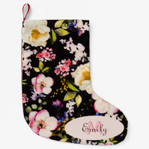 Watercolor Pink Yellow Roses on black, Monogram Small Christmas Stocking