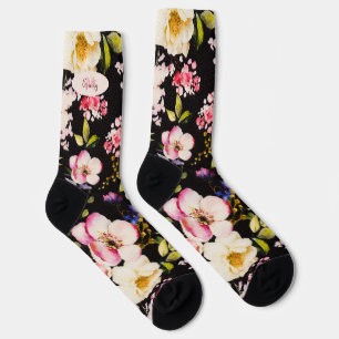Watercolor Pink Yellow Roses on black, Monogram Socks
