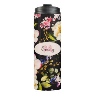 Watercolor Pink Yellow Roses on black, Monogram Thermal Tumbler