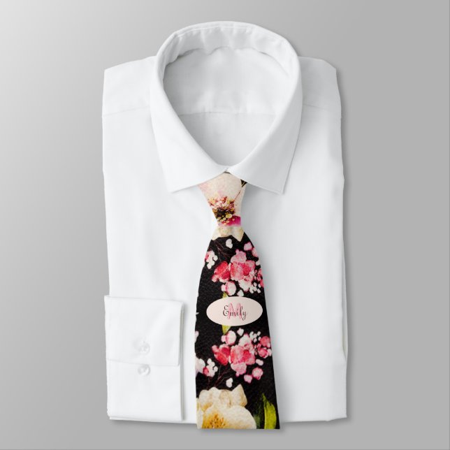Watercolor Pink Yellow Roses on black, Monogram Tie (Tied)