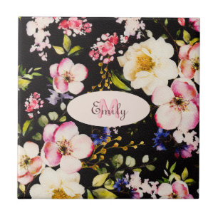 Watercolor Pink Yellow Roses on black, Monogram Tile