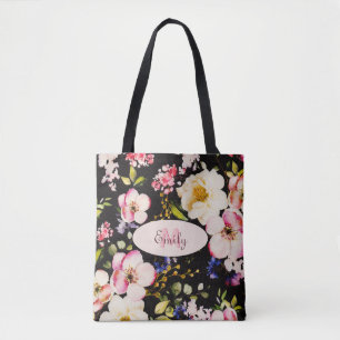 Watercolor Pink Yellow Roses on black, Monogram Tote Bag