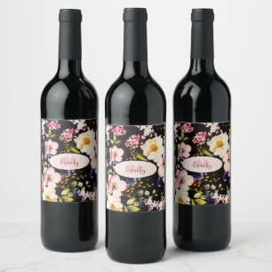 Watercolor Pink Yellow Roses on black, Monogram Wine Label
