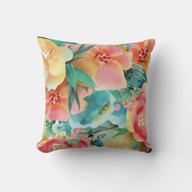 Watercolor Pink Yellow Teal Spring Floral Cushion (Front)
