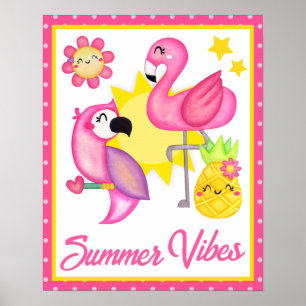 Watercolor Pink & Yellow Tropical Birds Summer Poster