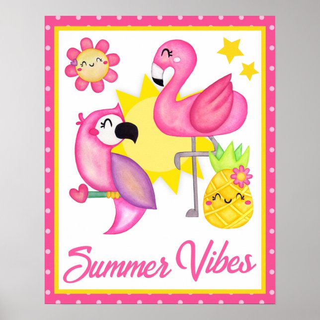 Watercolor Pink & Yellow Tropical Birds Summer Poster (Front)
