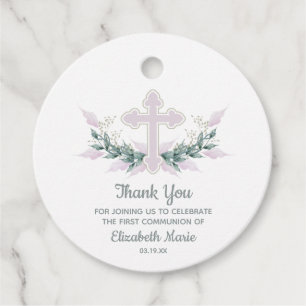 Watercolor PInkCross Greenery Communion Favour Tag