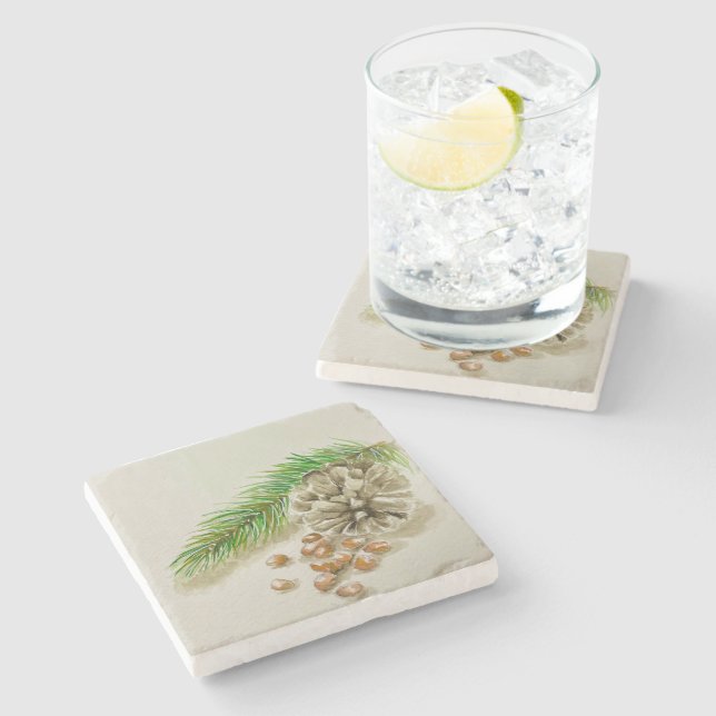 Watercolor Pinõn Nuts Pinecone New Mexico Stone Coaster (Side)