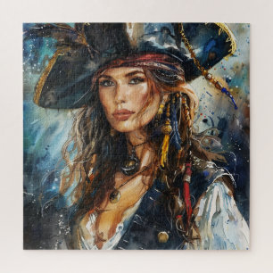 Watercolor Pirate Woman Portrait Jigsaw Puzzle