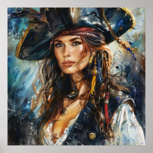 Watercolor Pirate Woman Portrait Poster