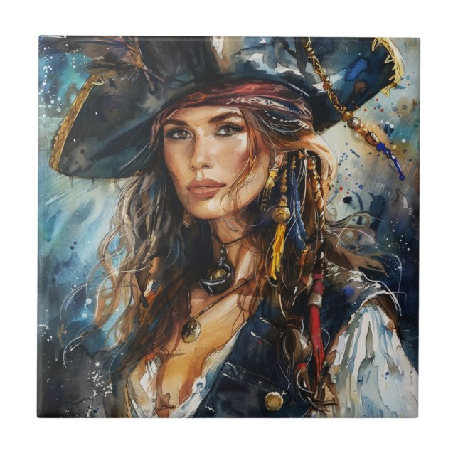 Watercolor Pirate Woman Portrait Tile (Front)