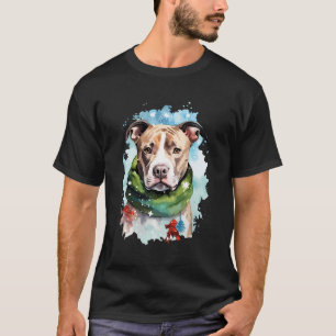 Watercolor Pitbull Winter Pit Bull Dog Cute Christ T-Shirt