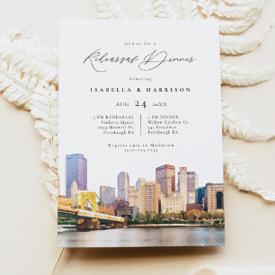 Watercolor Pittsburgh Skyline Wedding Rehearsal In Invitation