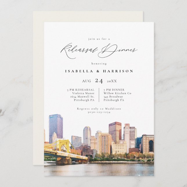 Watercolor Pittsburgh Skyline Wedding Rehearsal In Invitation (Front/Back)