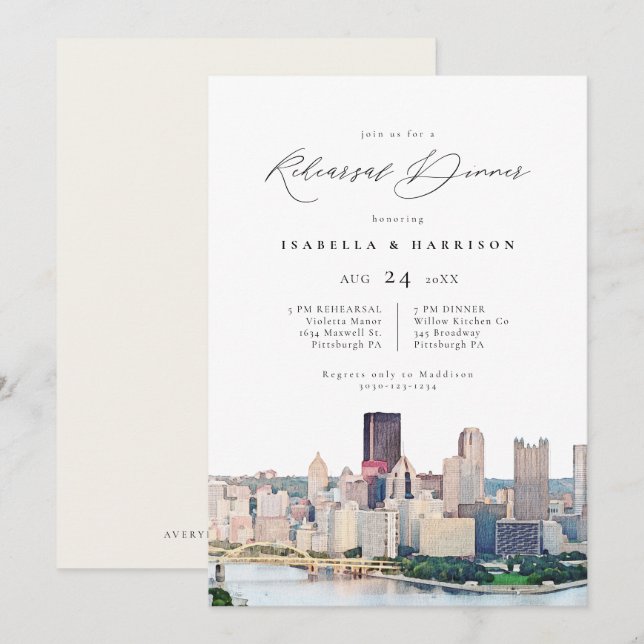 Watercolor Pittsburgh Skyline Wedding Rehearsal Invitation (Front/Back)