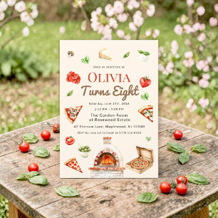 Watercolor Pizza Party 8th Birthday Invitation