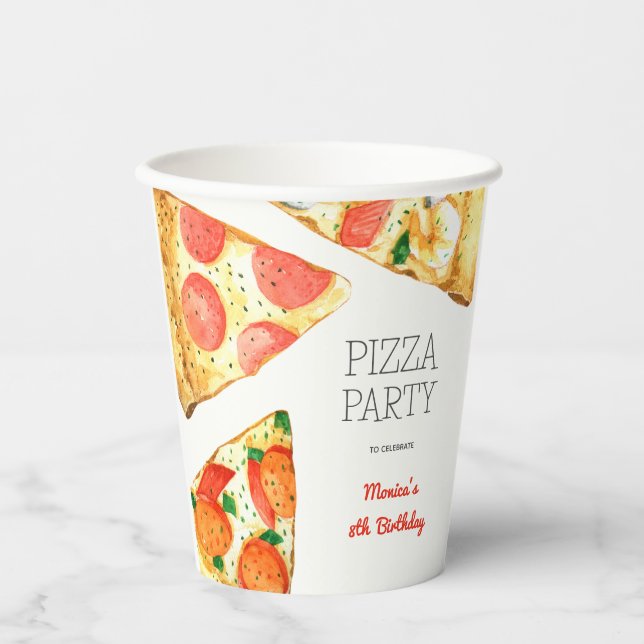 Watercolor pizza party birthday paper cups (Front)