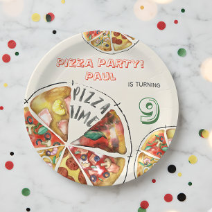 Watercolor pizza party birthday paper plate