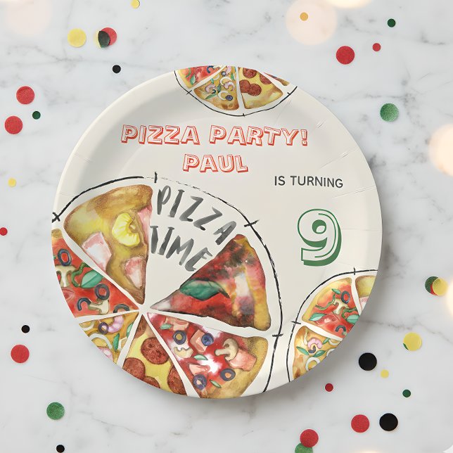 Watercolor pizza party birthday paper plate (Creator Uploaded)